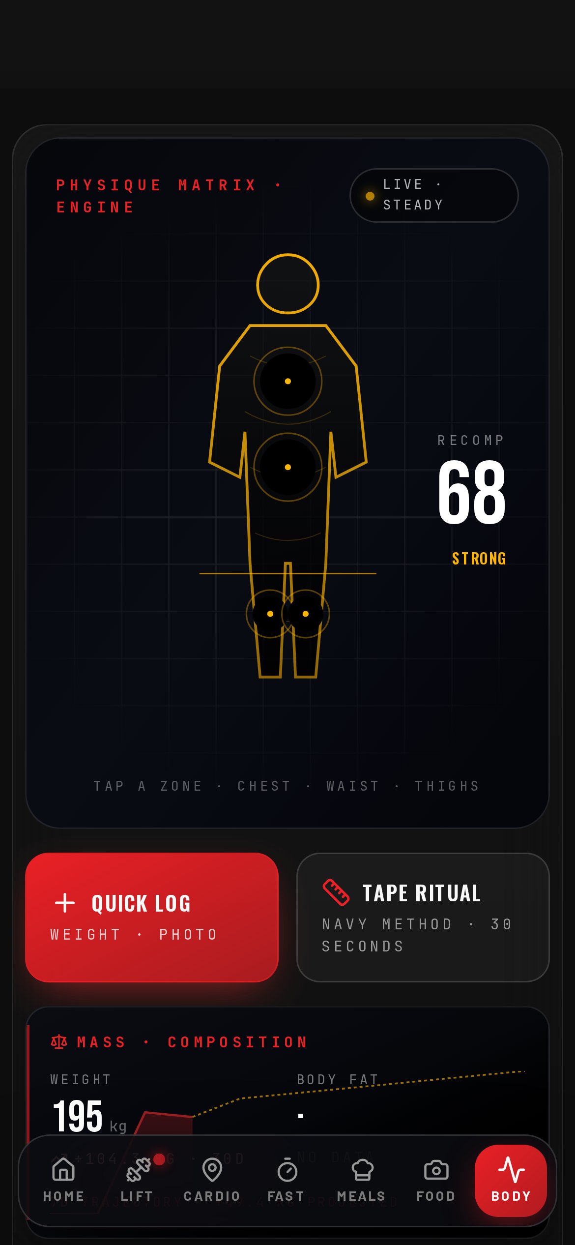 Physique Matrix — body metrics + Recomp Score