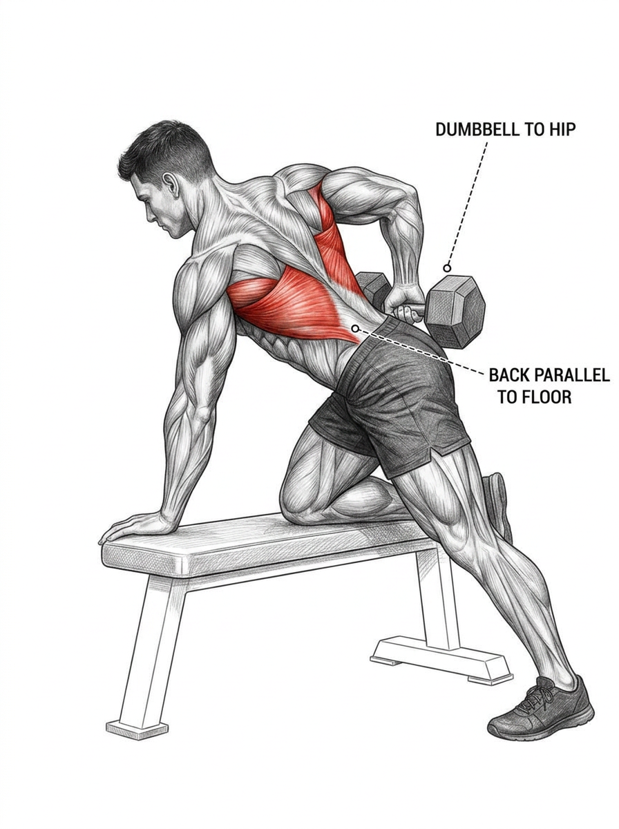 Single Arm Dumbbell Row anatomy plate