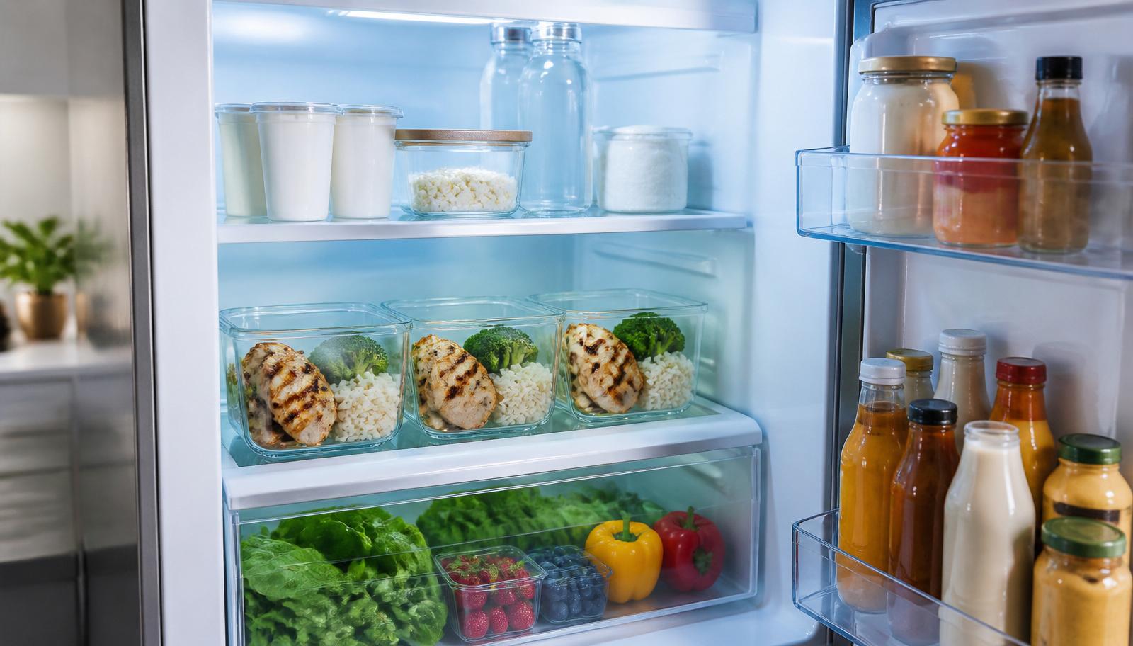 Organized refrigerator with clear glass meal prep containers of grilled chicken, rice, and broccoli on the middle shelf.