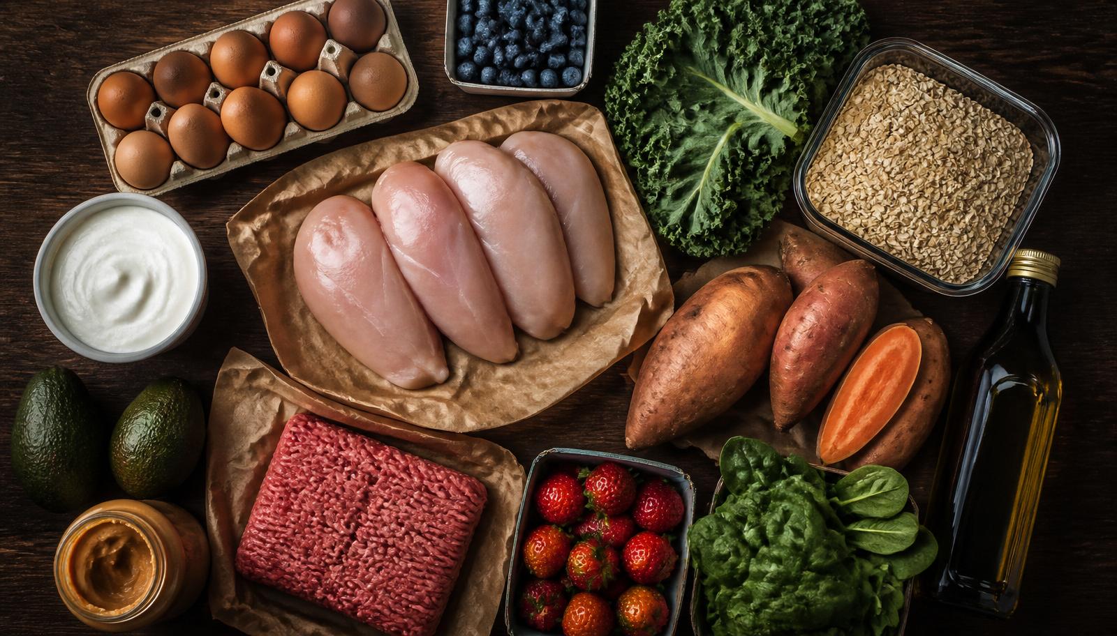 Overhead grocery haul on dark wood: chicken breasts, ground beef, eggs, greek yogurt, berries, oats, sweet potatoes, and greens.