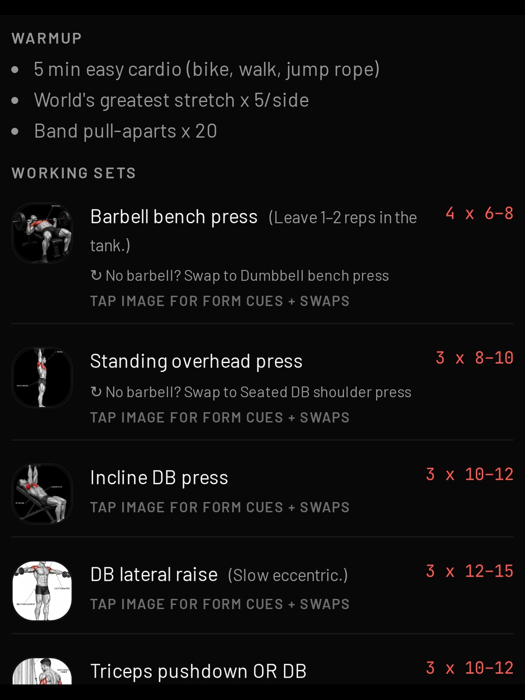 Warmup, sets, finisher